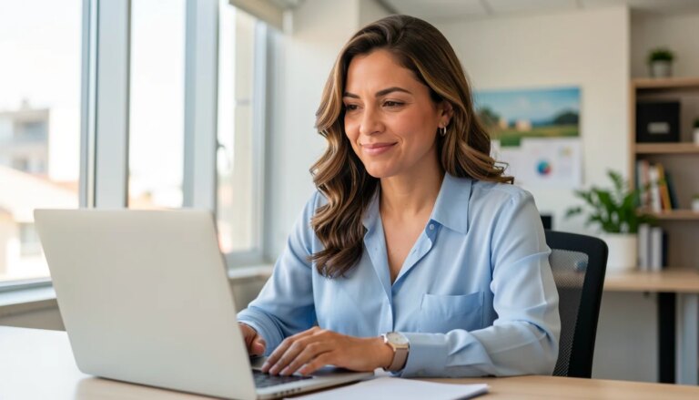 Mulher confiante consultando dados de CNPJ no laptop em escritório moderno