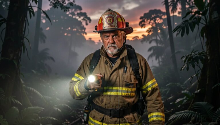 Bombeiro determinado na selva colombiana em cena de filme de ação
