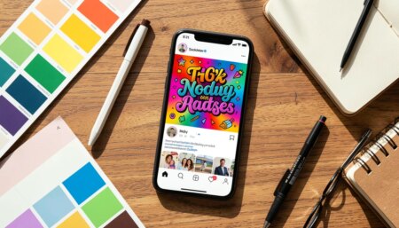 Smartphone com perfil personalizado e ferramentas de design sobre mesa de madeira