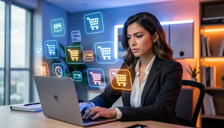 Mulher analisando dados de e-commerce em laptop com ícones flutuantes
