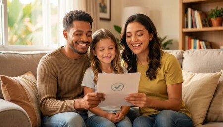 Família brasileira sorridente segurando documento de plano funerário em casa