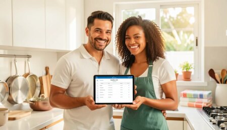 Como preparar a lista de casamento: guia completo para escolher os presentes Casal feliz planejando lista de casamento em cozinha moderna com presentes