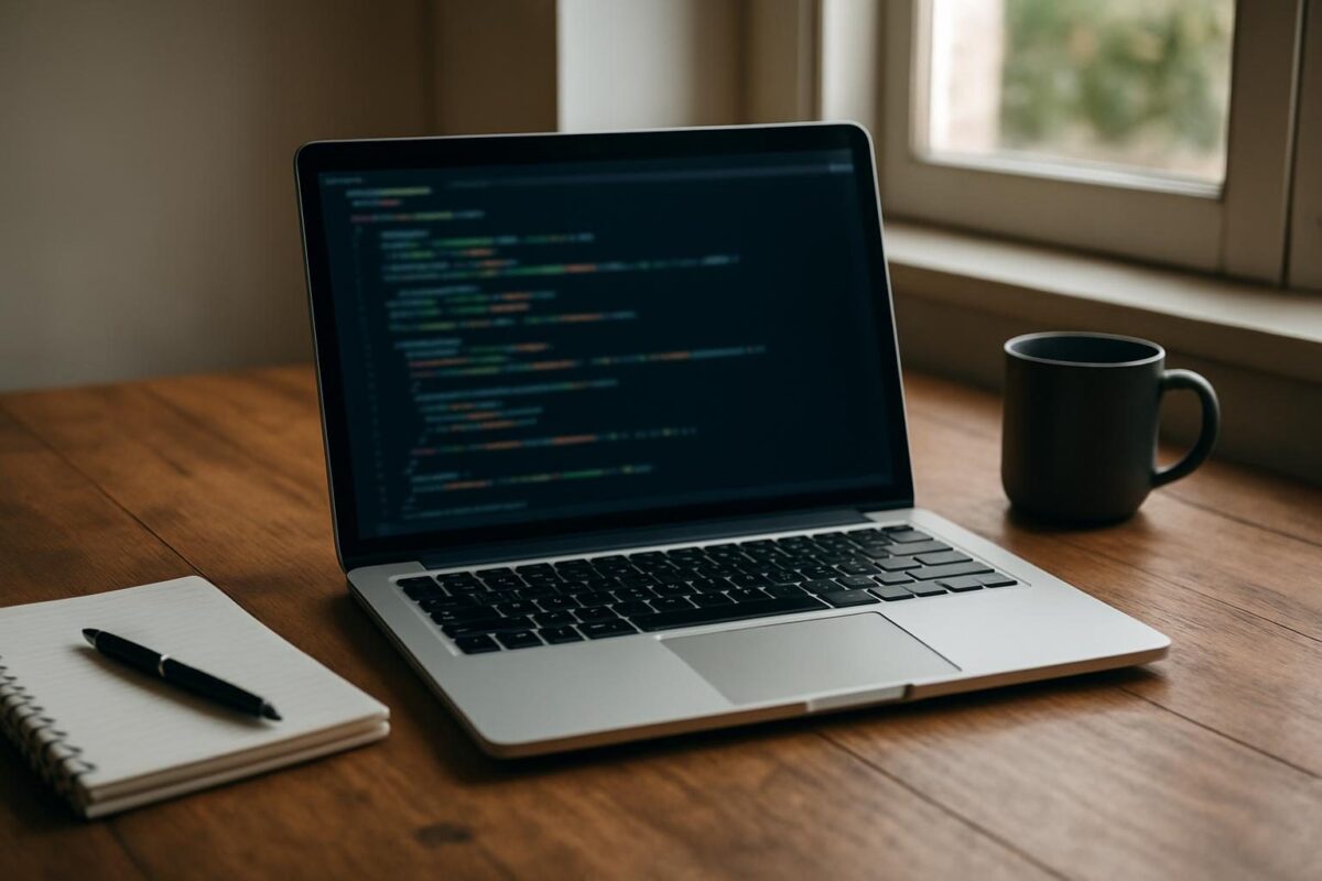 Notebook em uma mesa de trabalho com terminal aberto para configurar um ambiente Python