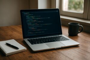 Notebook em uma mesa de trabalho com terminal aberto para configurar um ambiente Python