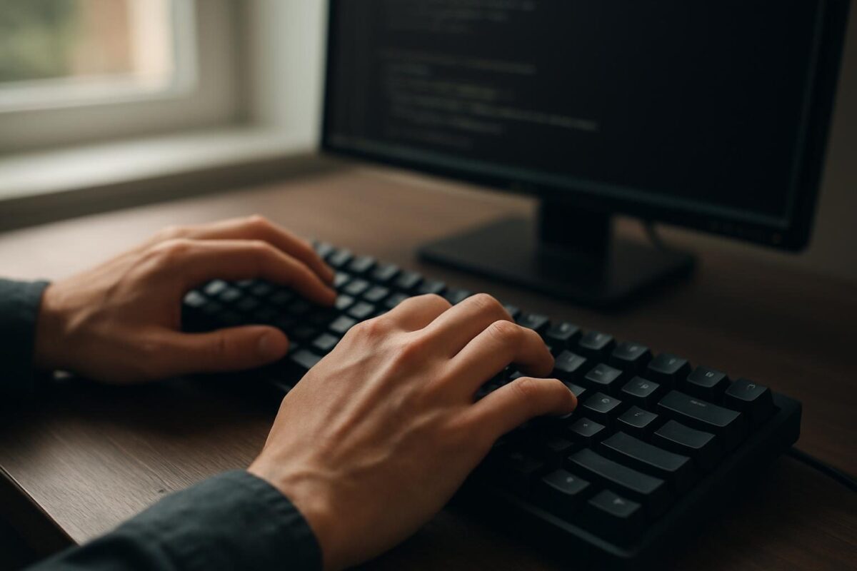 Mãos digitando comandos em um teclado, com o terminal aparecendo ao fundo