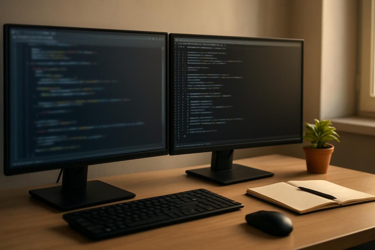 Bancada de desenvolvedor com dois monitores exibindo editor de código e terminal