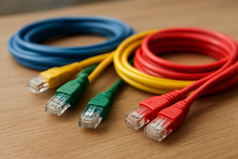 Cabos de rede Ethernet de cores diferentes com conectores RJ45 sobre uma bancada