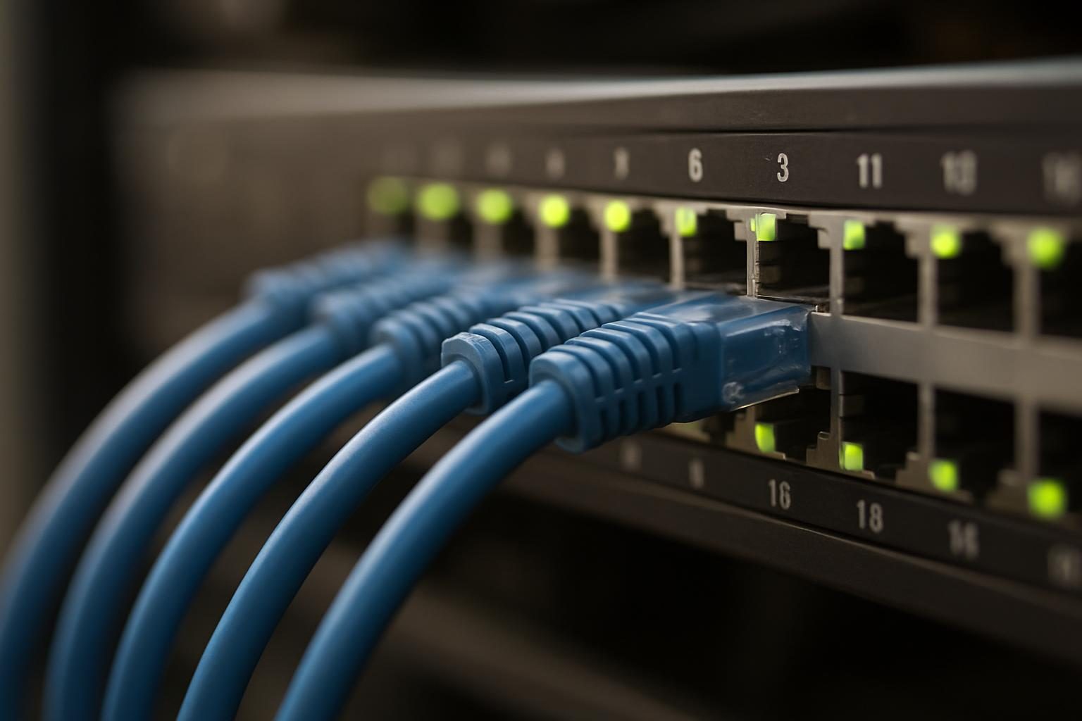 Cabos de rede conectados a switch de servidor em datacenter
