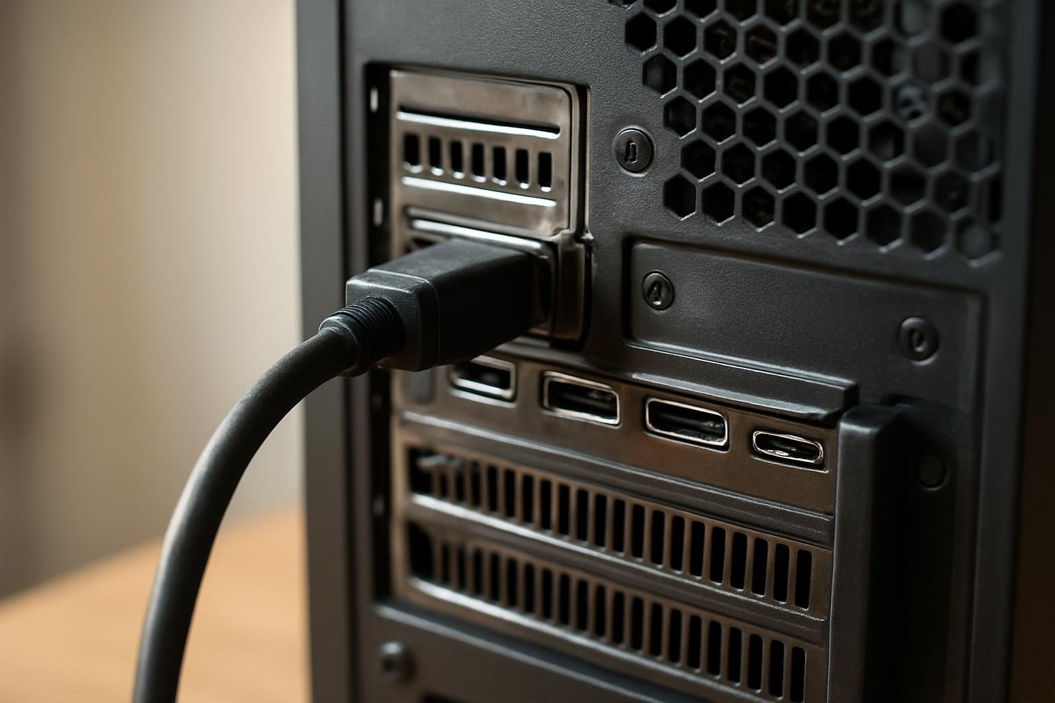 Cabo do monitor conectado nas saídas de vídeo da placa de vídeo na traseira do gabinete