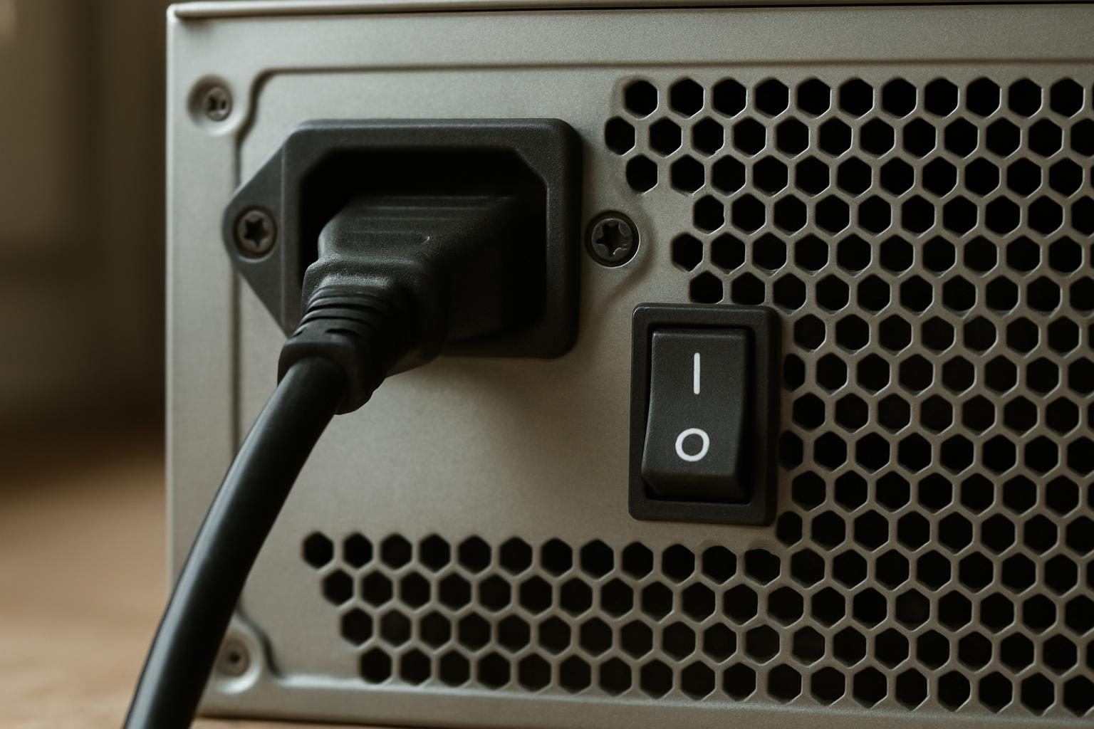 Traseira da fonte do PC com cabo de força e chave liga e desliga