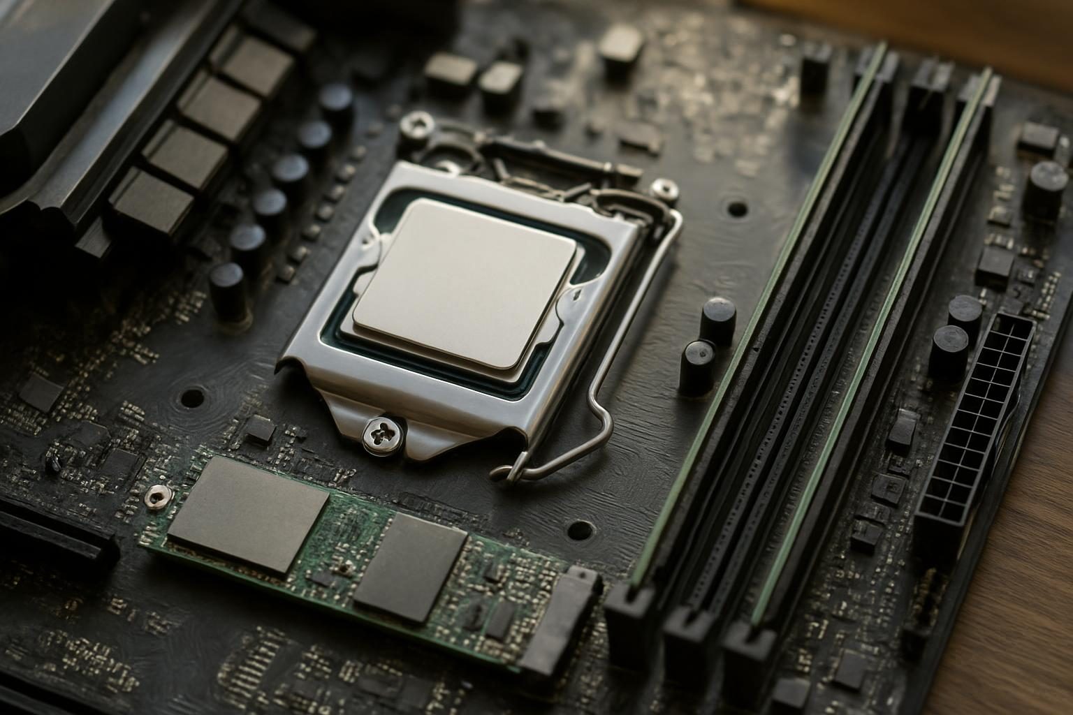 Placa-mãe com processador, memória RAM e SSD, componentes controlados pelo kernel do Linux