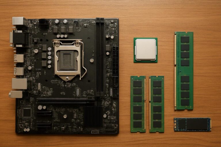 Placa-mãe, processador, memória RAM e SSD M.2 organizados sobre uma bancada para montagem de PC