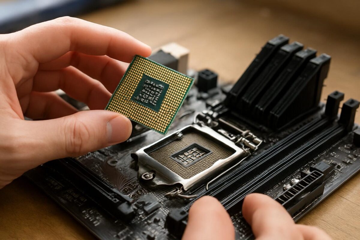Mãos encaixando um processador no socket de uma placa-mãe durante a montagem de um computador