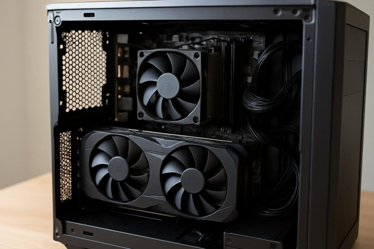 Interior de um gabinete de PC com placa de vídeo, cooler e cabos da fonte instalados