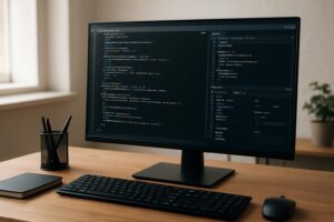 Mesa de desenvolvedor com monitor exibindo código e ferramentas do navegador abertas