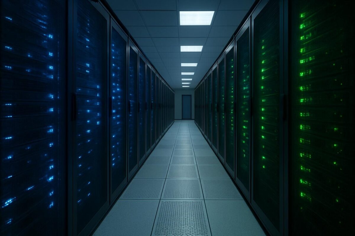 Corredor de data center com racks de servidores iluminados por LEDs azuis e verdes