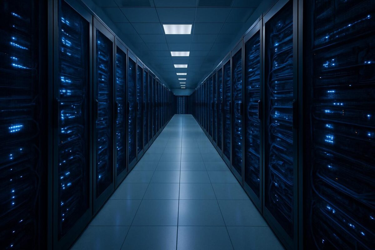Corredor de data center com racks de servidores e cabos de rede organizados