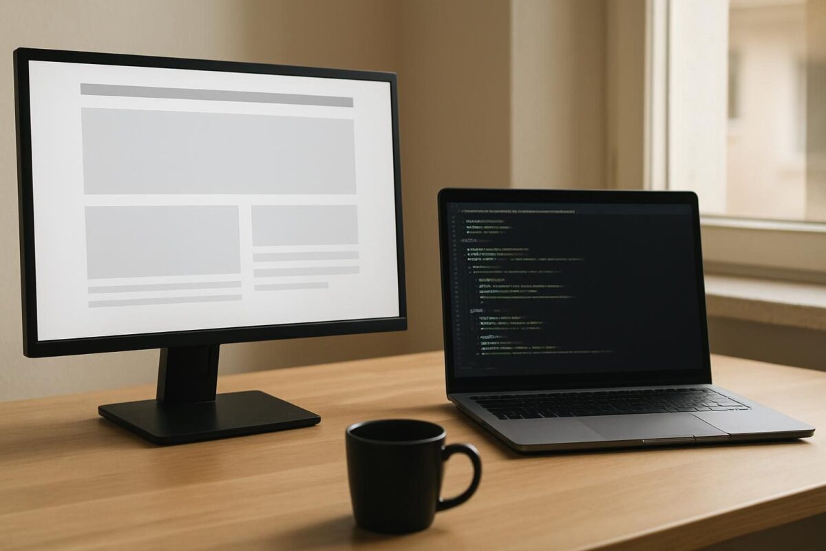 Duas telas lado a lado, uma com site e outra com terminal, em mesa de trabalho de programador