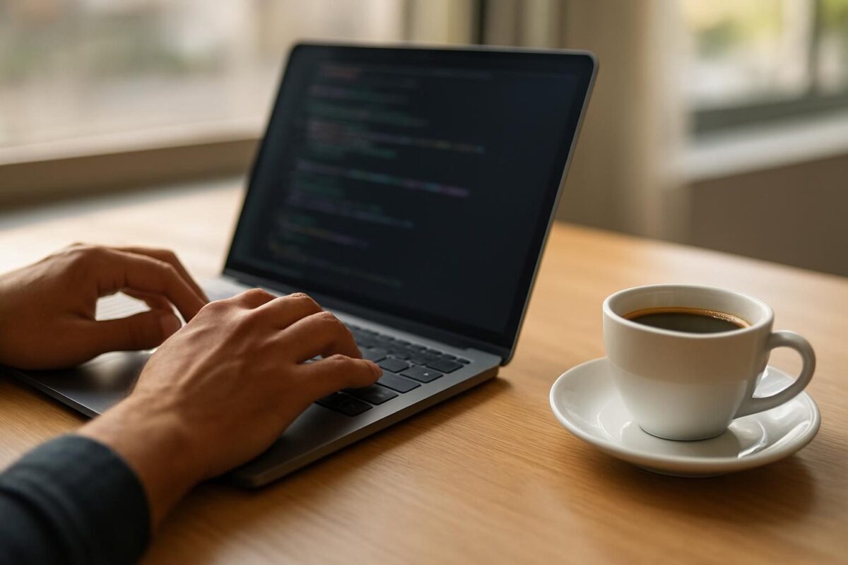 Mãos digitando em um notebook enquanto uma pessoa configura um servidor