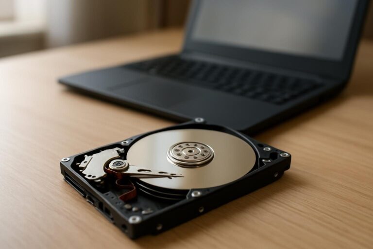 HD de computador sobre bancada ao lado de notebook, em contexto de diagnóstico de saúde do disco