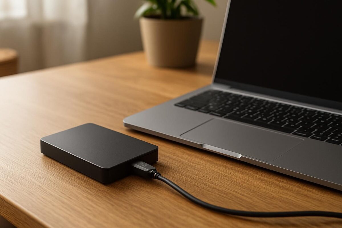 Disco externo ligado por cabo USB a um notebook para fazer backup dos arquivos