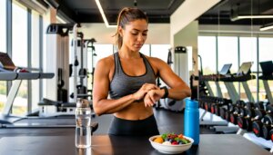 Mulher fitness usando smartwatch e garrafa de água na academia