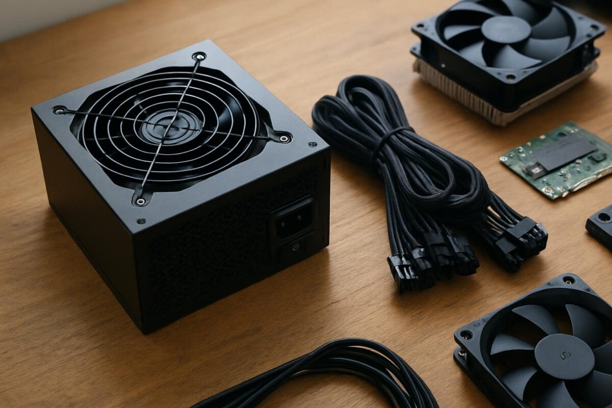 Fonte de alimentação de PC sobre bancada, ao lado de cabos e peças de computador
