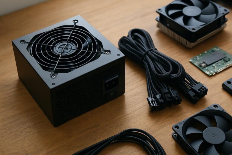 Fonte de alimentação de PC sobre bancada, ao lado de cabos e peças de computador
