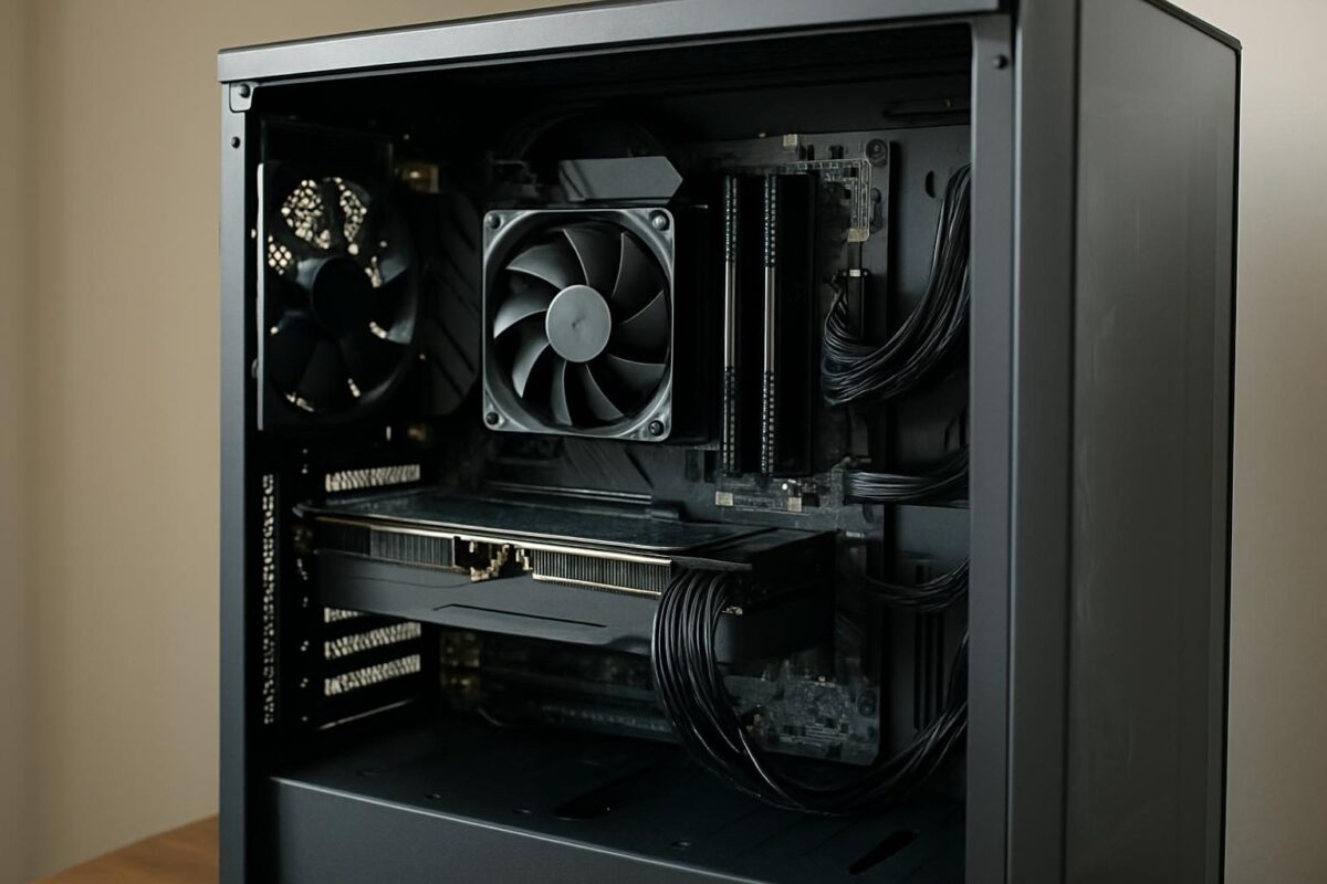 Interior de gabinete de PC com cabos da fonte modular bem organizados