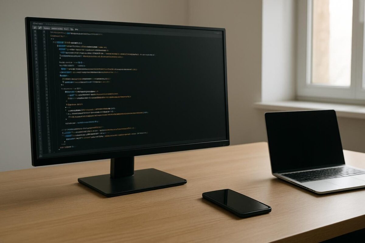 .NET MAUI: apps nativos para várias plataformas com C# Mesa de trabalho com monitor de código, notebook e smartphone usados no desenvolvimento de aplicativos