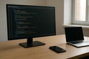Mesa de trabalho com monitor de código, notebook e smartphone usados no desenvolvimento de aplicativos