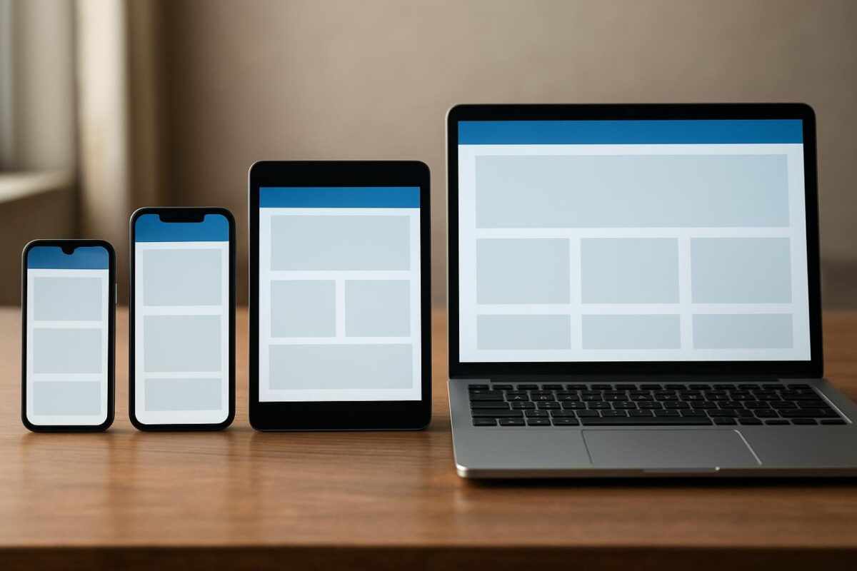 Smartphones, tablet e notebook lado a lado exibindo interfaces de aplicativo parecidas