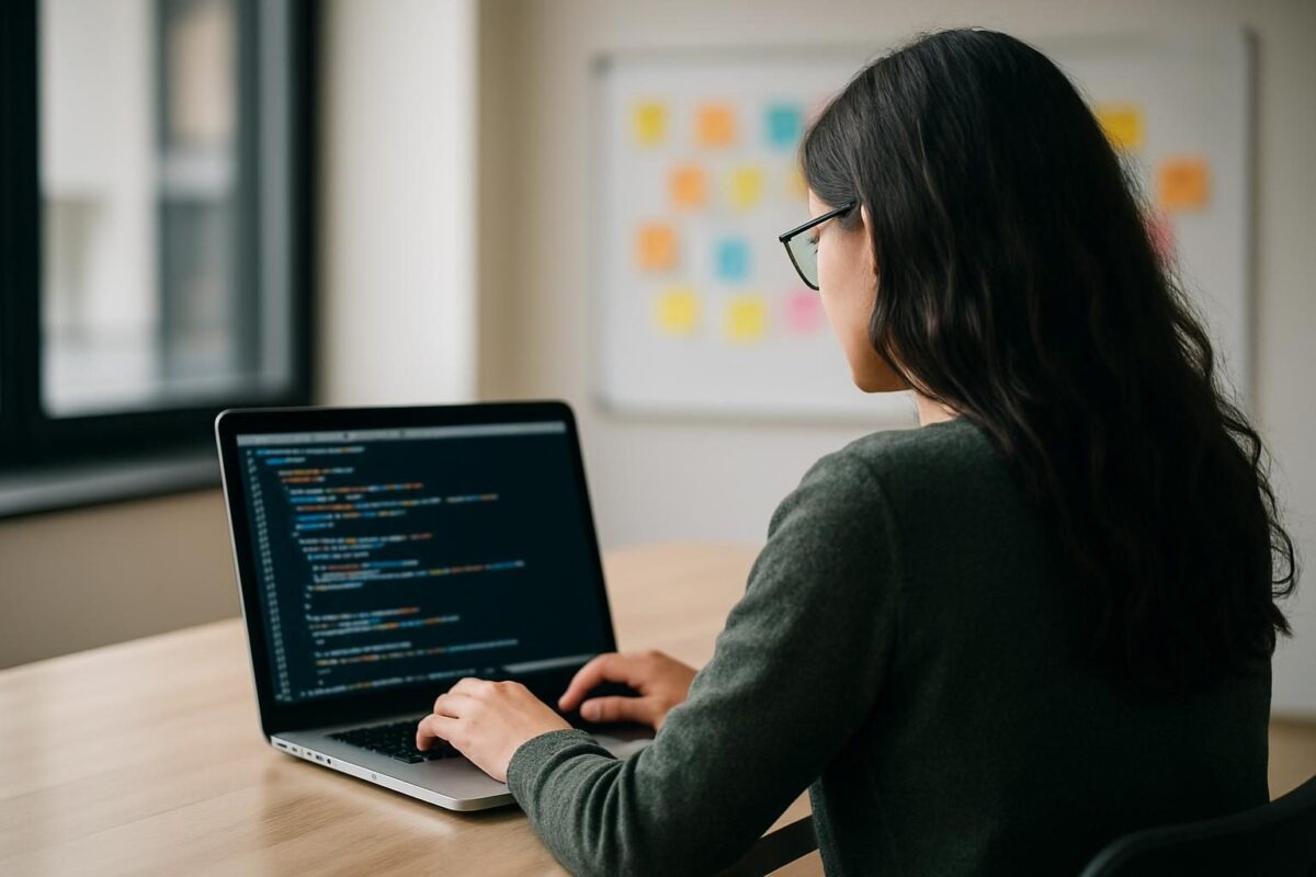 Profissional de desenvolvimento programando em notebook em um escritório moderno
