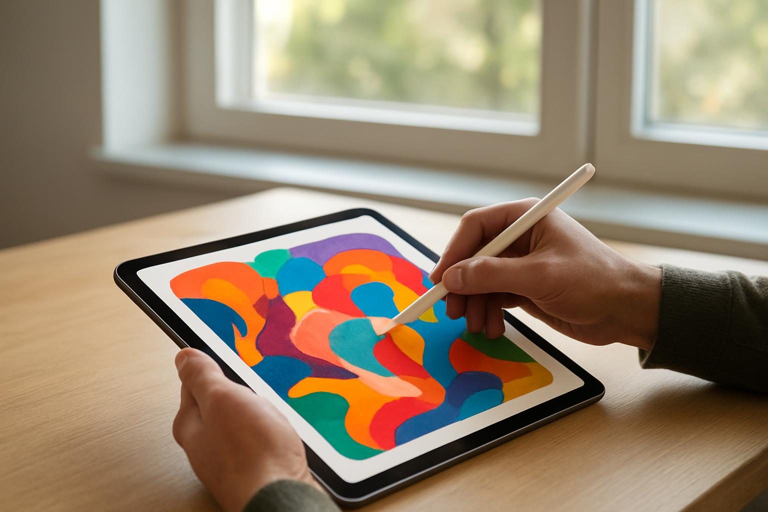 Mãos desenhando com caneta em um tablet sobre a mesa