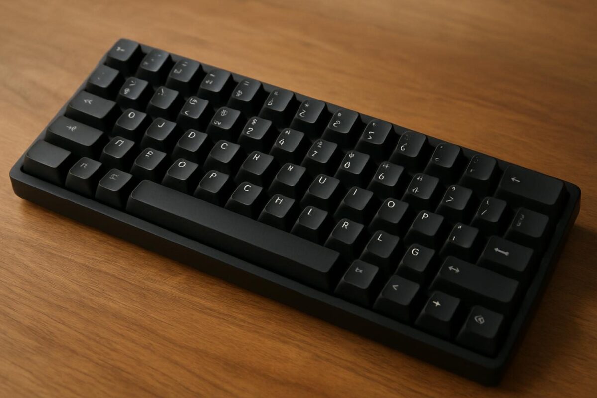 Teclado mecânico com layout brasileiro sobre mesa de madeira, com Enter em formato de L