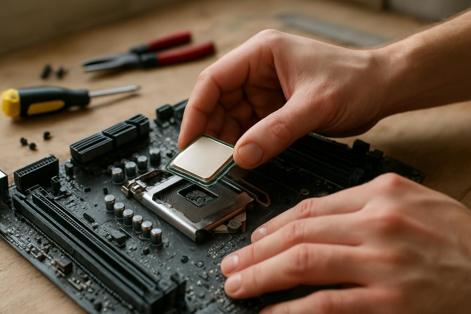 Montagem de PC com instalação do processador na placa-mãe