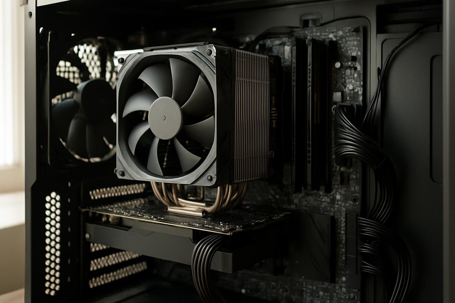 Interior de PC montado com cooler grande instalado sobre o processador