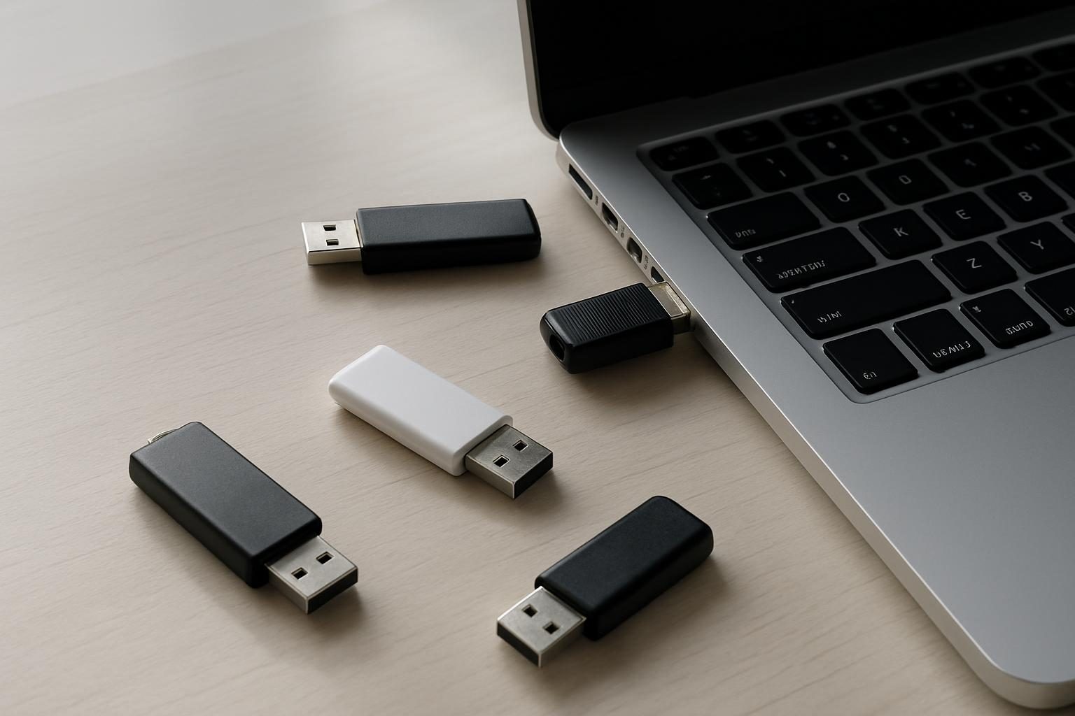 Pendrives e notebook sobre a mesa, usados para testar distribuições GNU/Linux