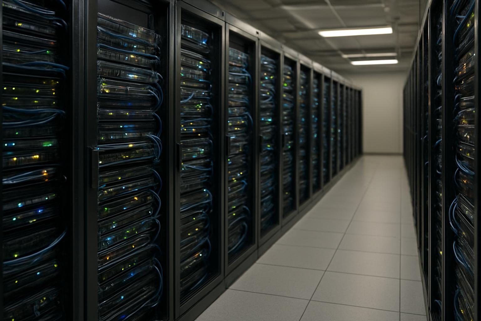 Corredor de data center com servidores, ambiente onde o GNU/Linux é amplamente usado