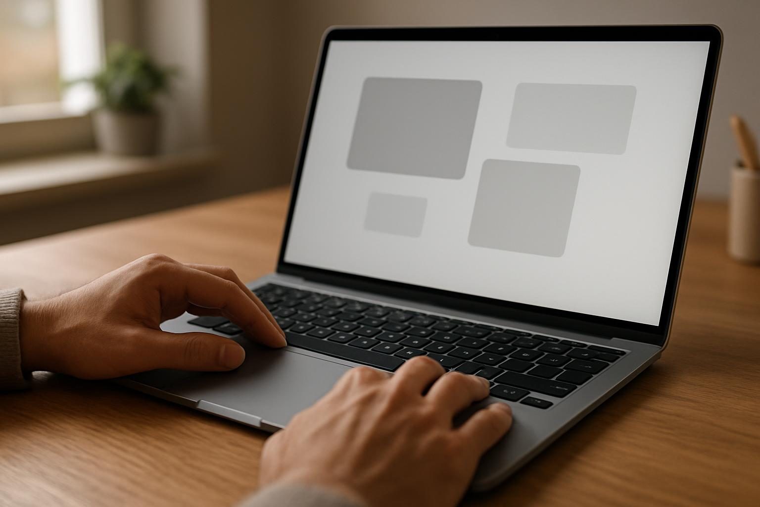 Mãos usando o touchpad de um notebook com interface gráfica minimalista