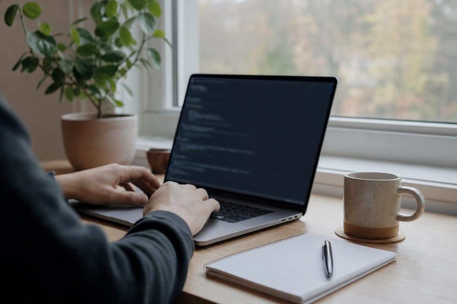 Pessoa acessando um servidor VPS pelo terminal em um notebook