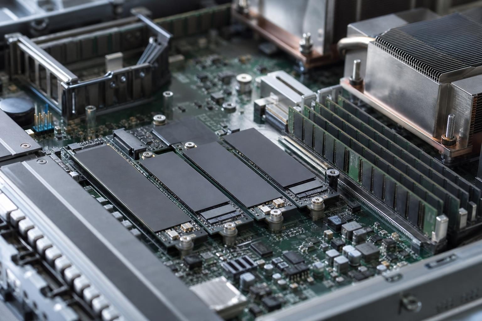 Placa de servidor com módulos NVMe e memória RAM que são divididos entre os VPS