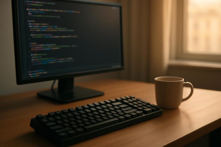 Mesa de desenvolvedor com monitor exibindo código e teclado mecânico em ambiente iluminado