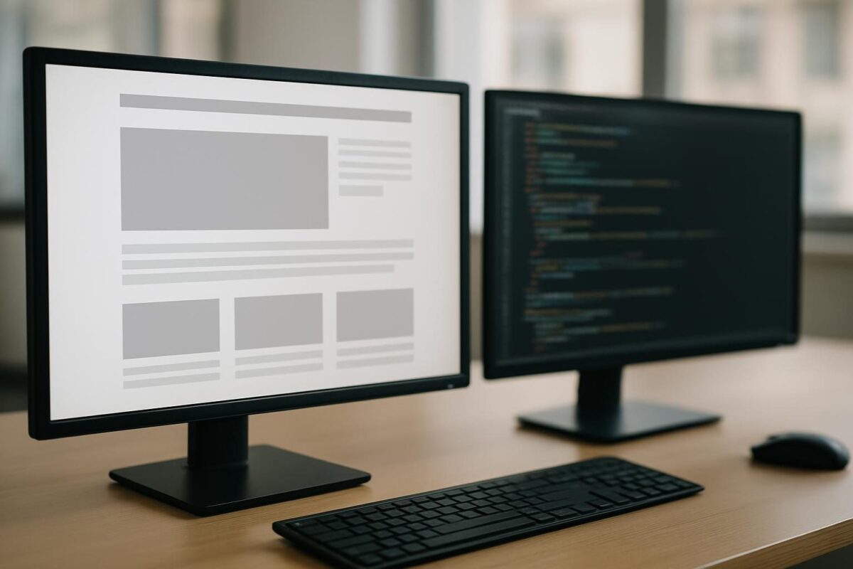 Duas telas de computador, uma com página web em construção e outra com editor de código
