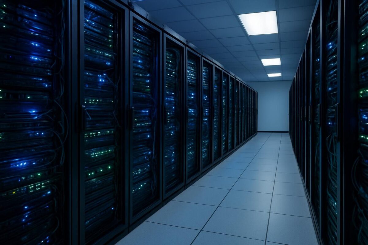Corredor de data center com racks de servidores iluminados, representando renderização no servidor