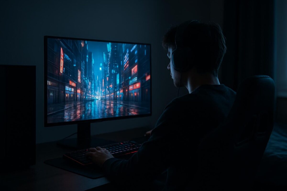 Monitor gamer exibindo cidade noturna com reflexos de neon no asfalto molhado