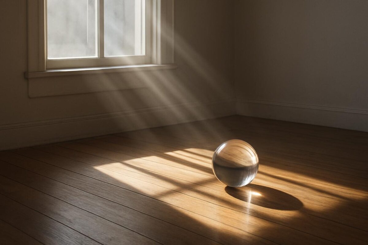 Luz entrando por janela e refletindo em esfera de vidro e piso de madeira