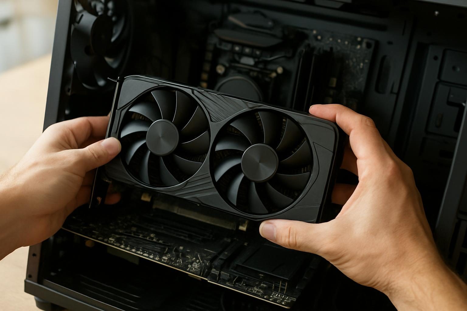 Mãos instalando uma placa de vídeo no slot PCIe de um computador