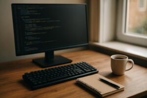 Mesa de trabalho de programador com monitor exibindo código e teclado em primeiro plano