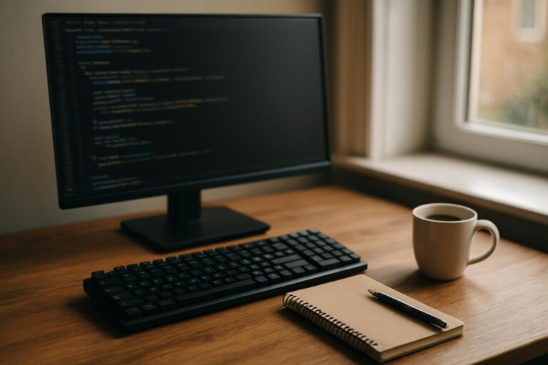 Mesa de trabalho de programador com monitor exibindo código e teclado em primeiro plano